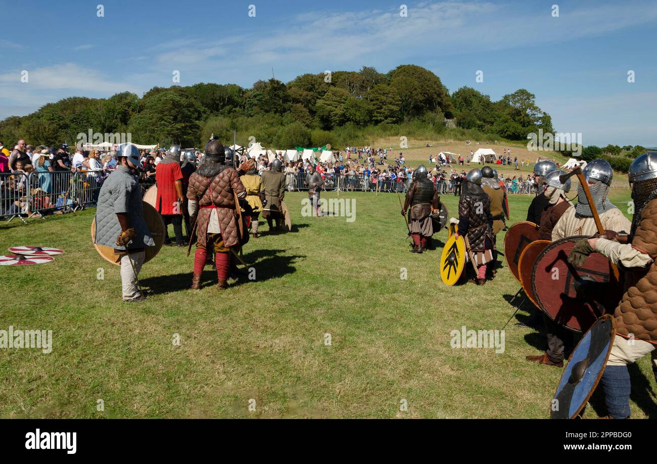 Delamont County Down Northern Ireland, August 27 2022 - Viking warriors going into battle at a Magnus Barelegs re-enactment Stock Photo