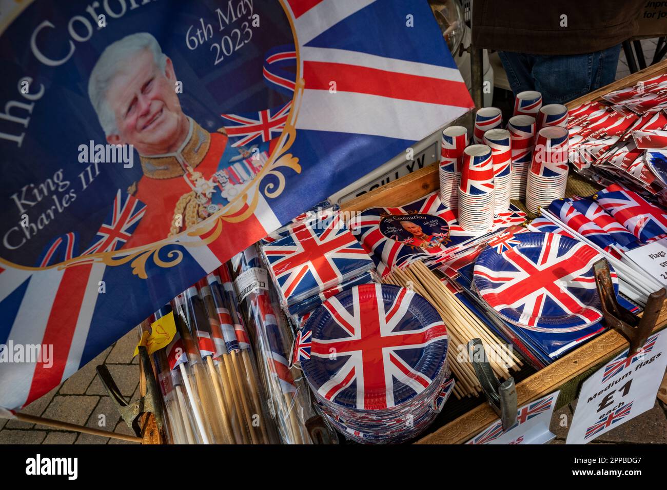 King Charles III Coronation Memorabilia on sale April-May 2023 Commemorative Coronation Flags and bunting for sale prior to the Coronation on on a Saf Stock Photo