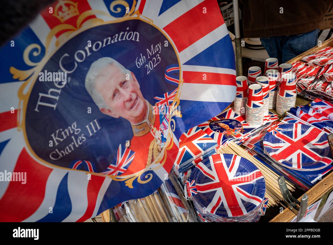 King Charles III Coronation Memorabilia on sale April-May 2023 Commemorative Coronation Flags and bunting for sale prior to the Coronation on on a Saf Stock Photo