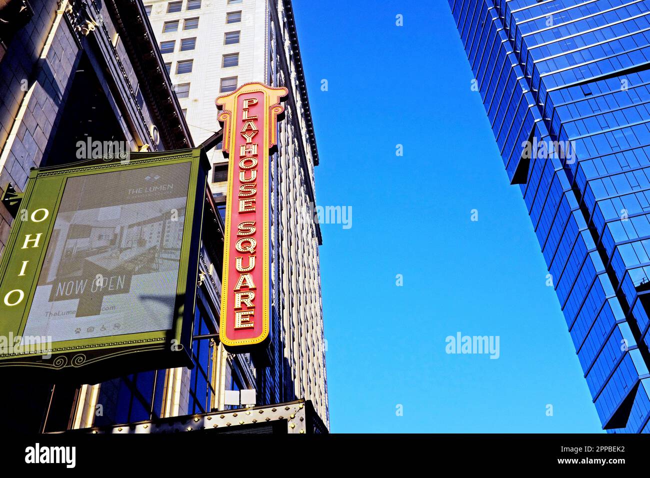 Modern and historic buildings in the Playhouse Square Theater District in downtown Cleveland, Ohio, USA.  Playhouse Square is the second largest performing arts center in the United States. Stock Photo
