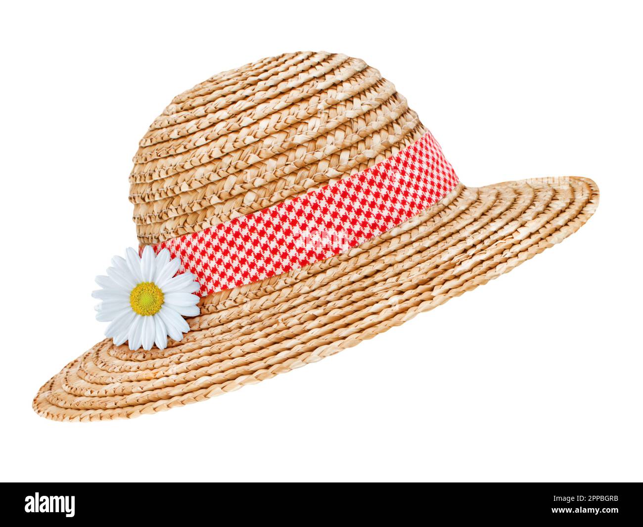 Straw hat and daisy isolated on white  background Stock Photo
