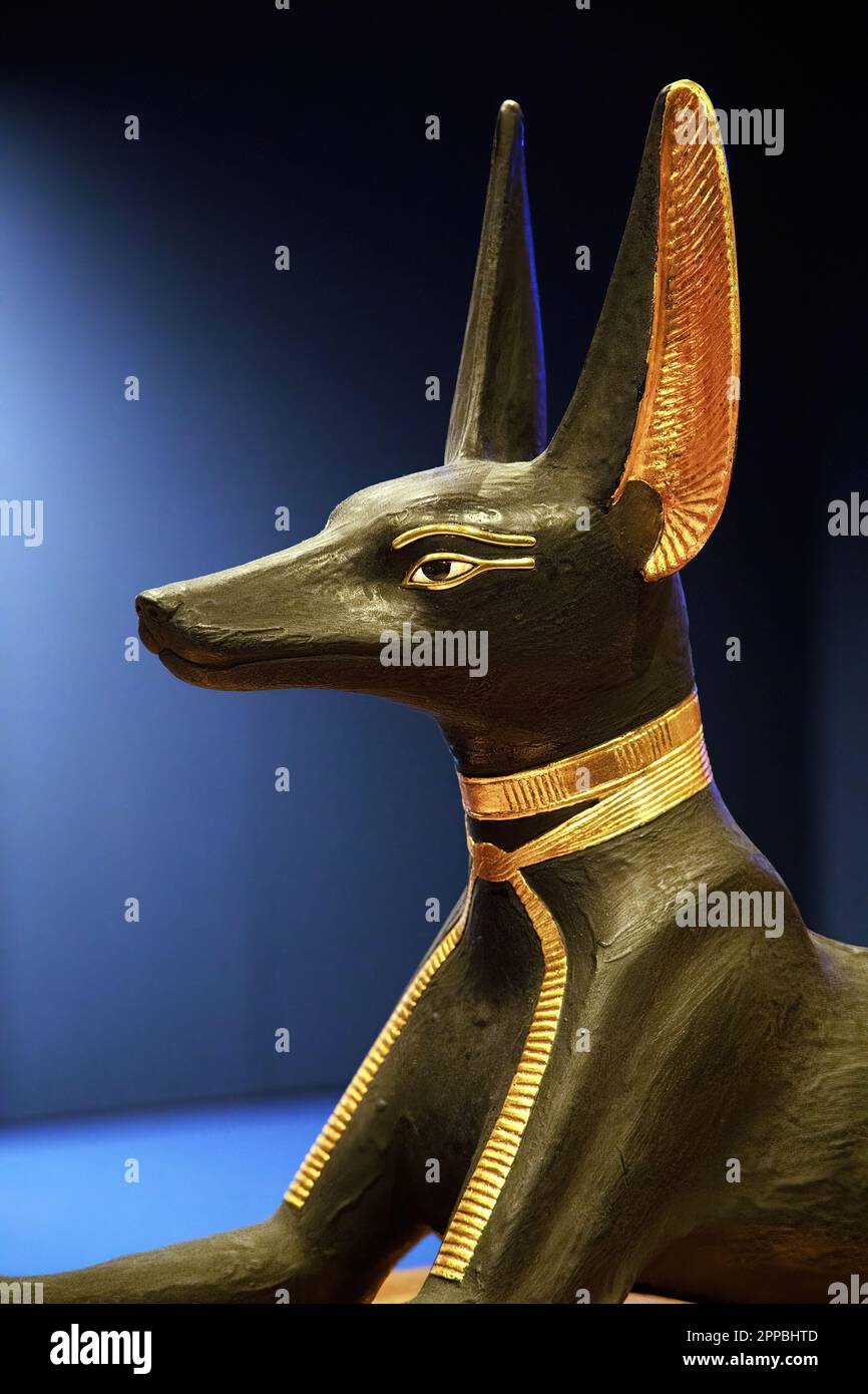 Anubis statue crafted from Tutankhamun treasure, original in wood and gold Stock Photo