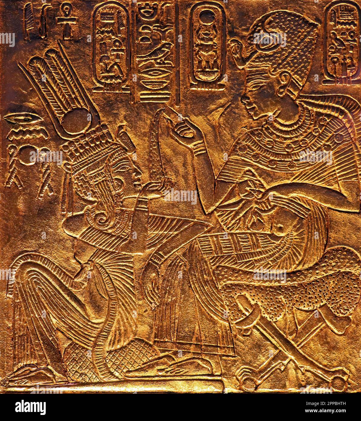 Bas relief detail from a goden box in Tuankhamun box Stock Photo