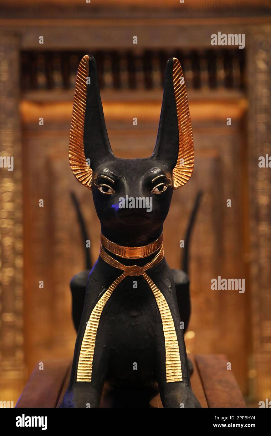 Head of Anubis statue from Tutankhamun treasure, original crafted from wood and gold Stock Photo