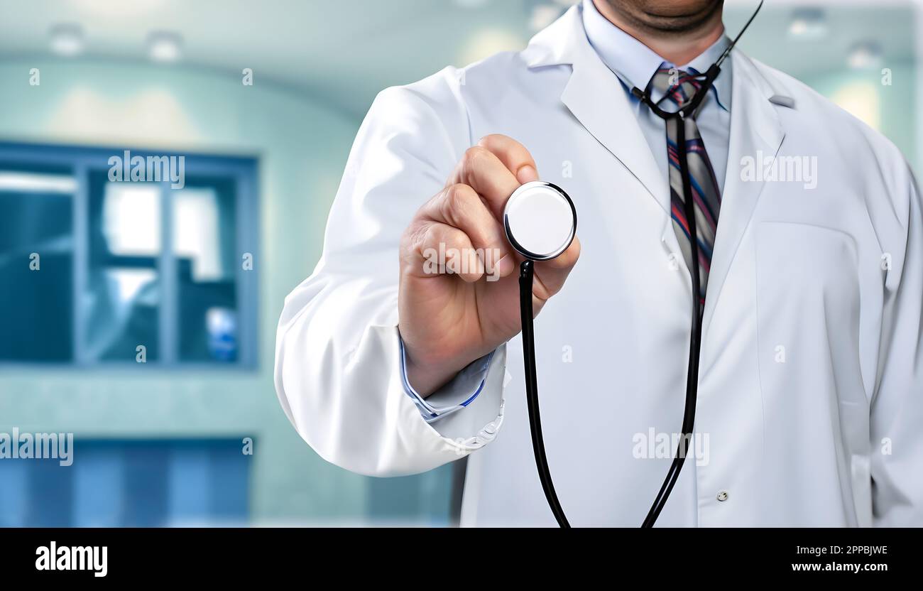Medicine doctor with stethoscope in hand with the hospital background. Medical and Healthcare concept. Stock Photo