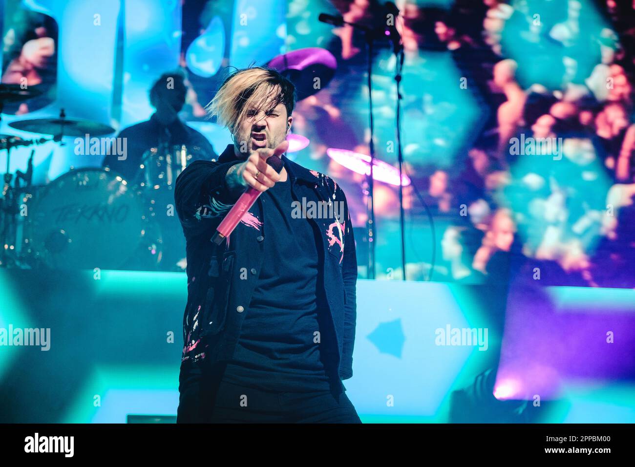 Zurich, Switzerland. 22nd Apr, 2023. The German electronicore band Electric Callboy performs a live concert at The Hall in Zürich. Here vocalist Kevin Ratajczak is seen live on stage. (Photo Credit: Gonzales Photo/Alamy Live News Stock Photo