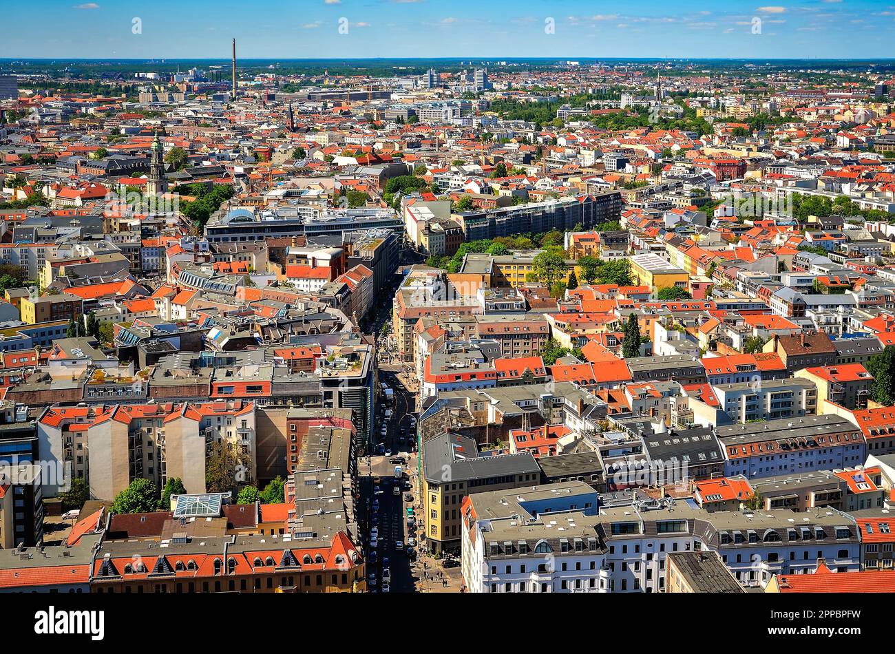 Berlin, Germany - May 3, 2014: Aerial view of Berlin, Germany. Panorama of Berlin seen from the roof of the hotel Park Inn by Radisson in Alexanderpla Stock Photo