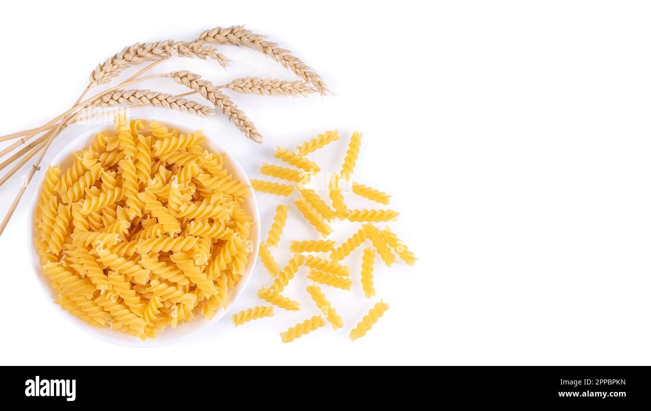 Header Copy Pasta Pasta and wheat spikelets isolated on white background, banner, header ...