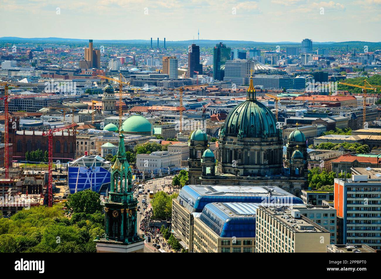 Berlin, Germany - May 3, 2014: Aerial view of Berlin. Panorama of Berlin seen from the roof of the hotel Park Inn by Radisson in Alexanderplatz. Stock Photo