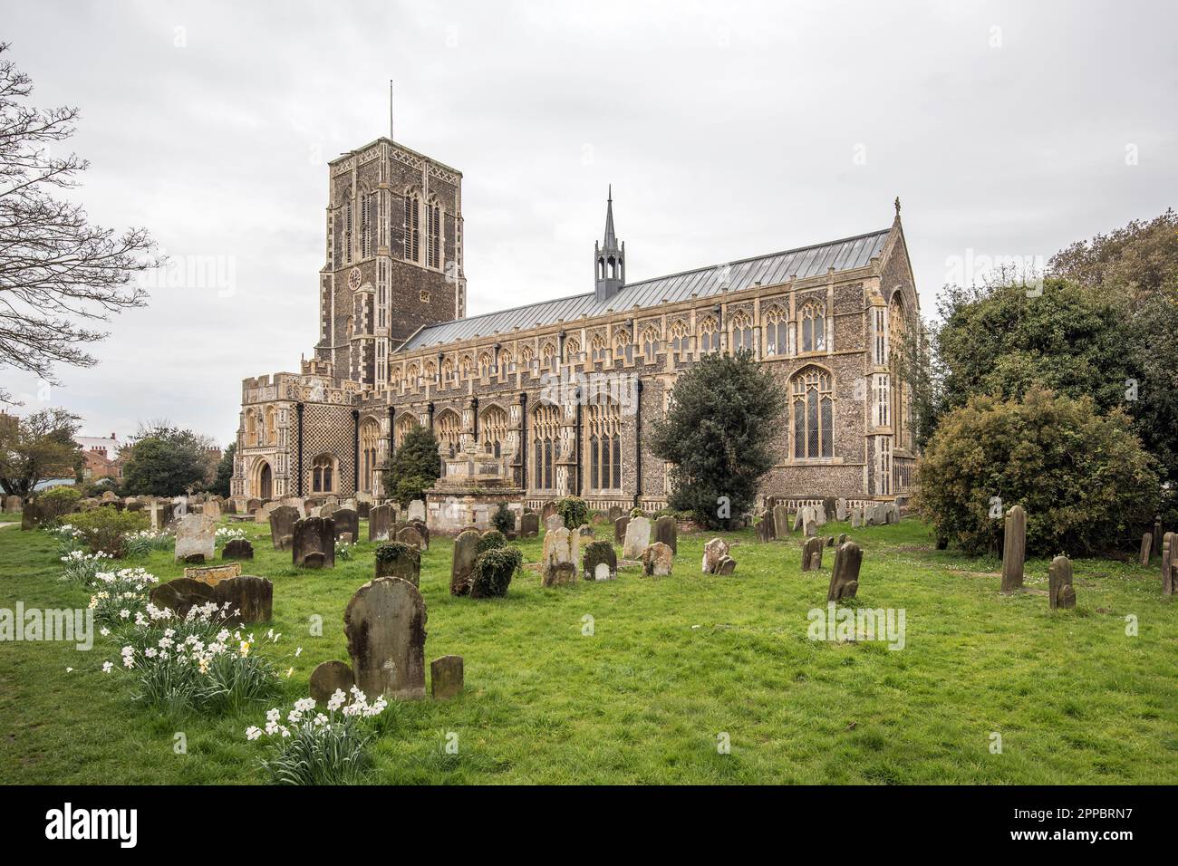 The Grade 1 listed parish church of Southwold that is dedicated to St Edmund.  with high roof,  flèche , tower and 18 clerestory windows. Stock Photo