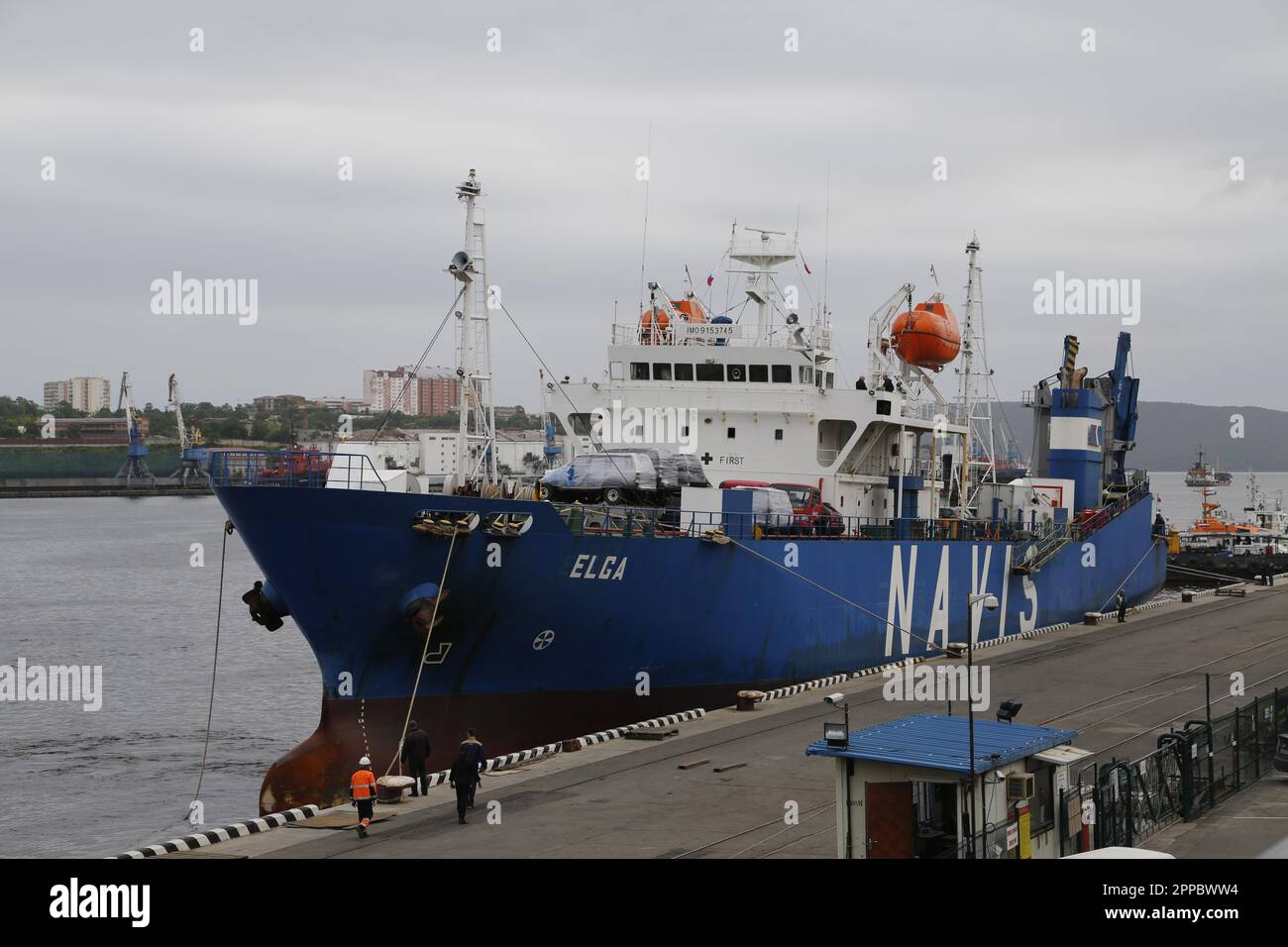 The Elga, a Roll on Roll off ship owned by Navis shipping, photographed in the harbor of Vladivostok, Russia Stock Photo