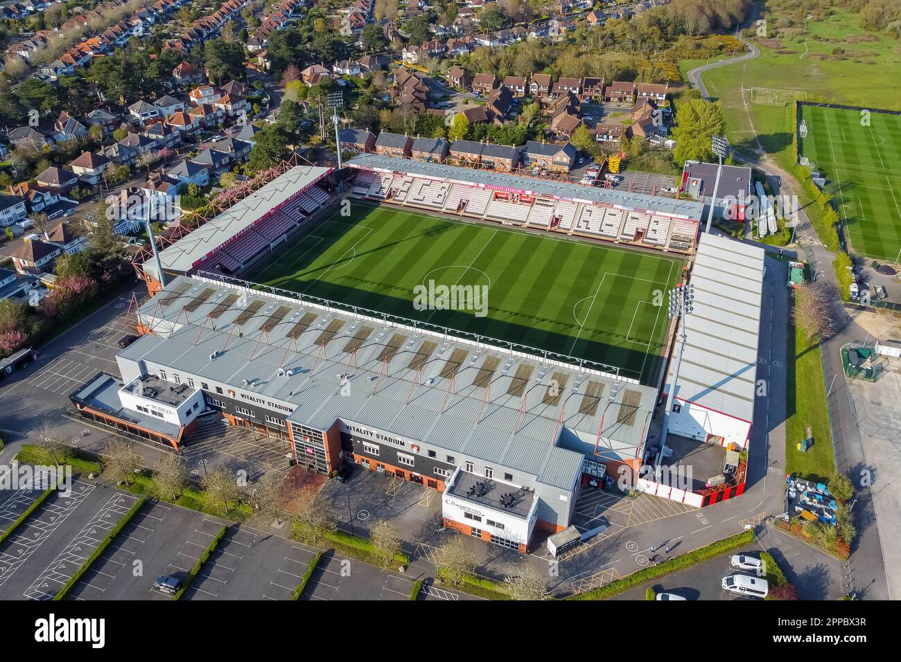 Bournemouth, Dorset, UK.  23rd April 2023.  General view from the air of the Vitality Stadium at Bournemouth in Dorset, home of premier league football club AFC Bournemouth on an evening of warm spring sunshine.  Picture Credit: Graham Hunt/Alamy Live News Stock Photo