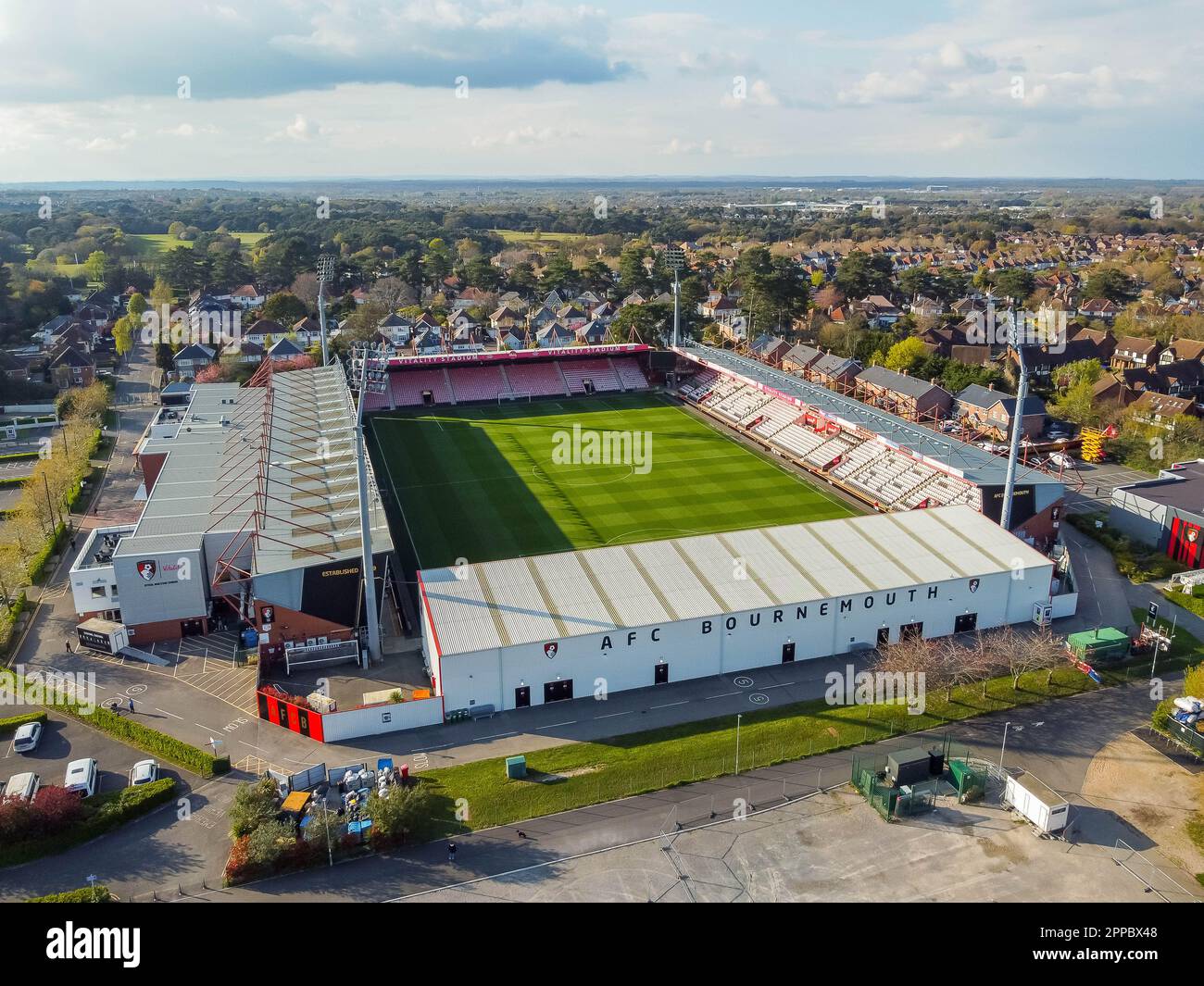 Bournemouth, Dorset, UK.  23rd April 2023.  General view from the air of the Vitality Stadium at Bournemouth in Dorset, home of premier league football club AFC Bournemouth on an evening of warm spring sunshine.  Picture Credit: Graham Hunt/Alamy Live News Stock Photo