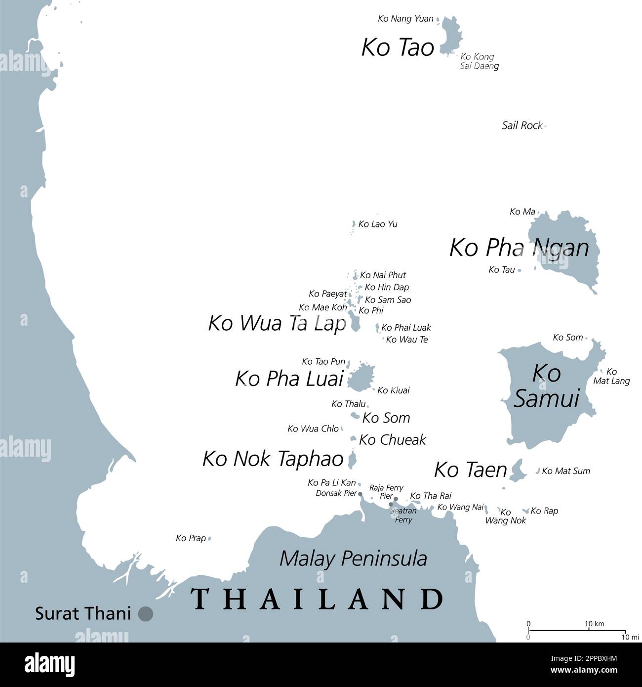 From Ko Samui to Ko Tao, gray political map. Popular tourist and travel destinations with numerous islands off the coast of Thailand. Stock Photo