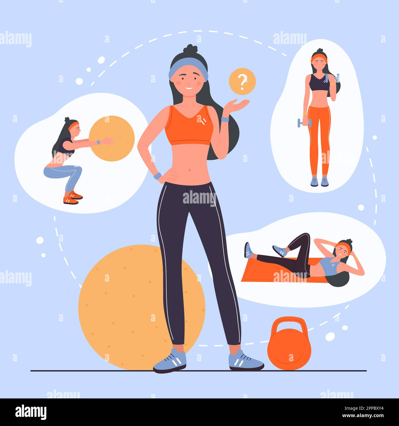 Active woman thinking about variety of physical sport exercises for workout  vector illustration. Cartoon girl choosing between healthy different yoga  or fitness training in gym, holding question mark Stock Vector Image 