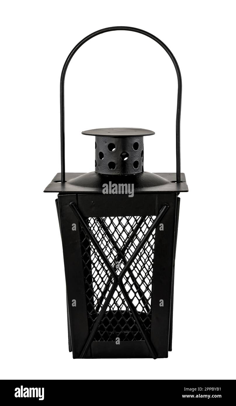 Black metal candlestick with holes on a white background. Candlestick