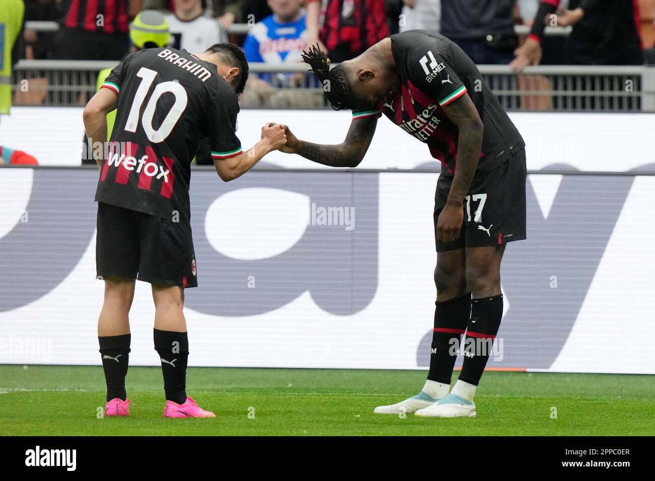 AC Milan's Rafael Leao celebrates with his teammate Brahim Diaz after ...