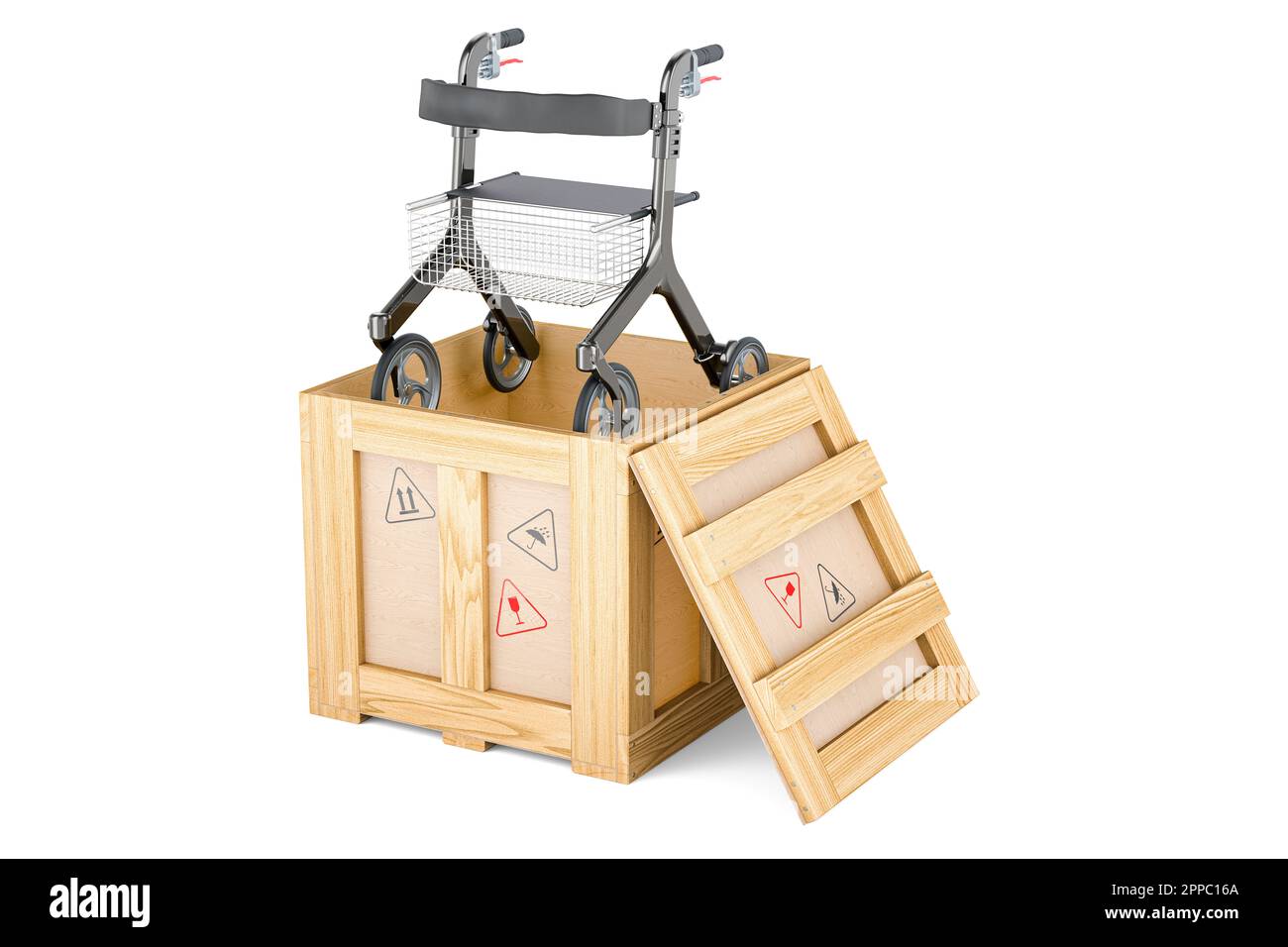 Rollator for elderly inside wooden box, delivery concept. 3D rendering isolated on white background Stock Photo