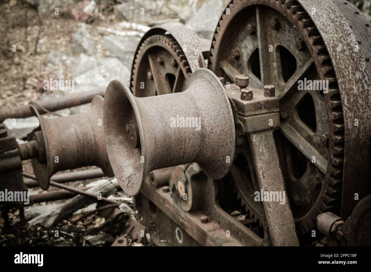 Disused machinery at an abandoned granite stone quarry in Massachusetts Stock Photo