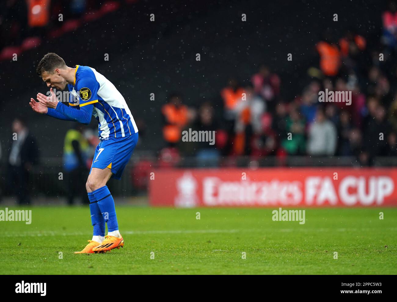 Brighton and Hove Albion's Solly March reacts after missing his penalty in the shoot-out during the Emirates FA Cup semi-final match at Wembley Stadium, London. Picture date: Sunday April 23, 2023. Stock Photo