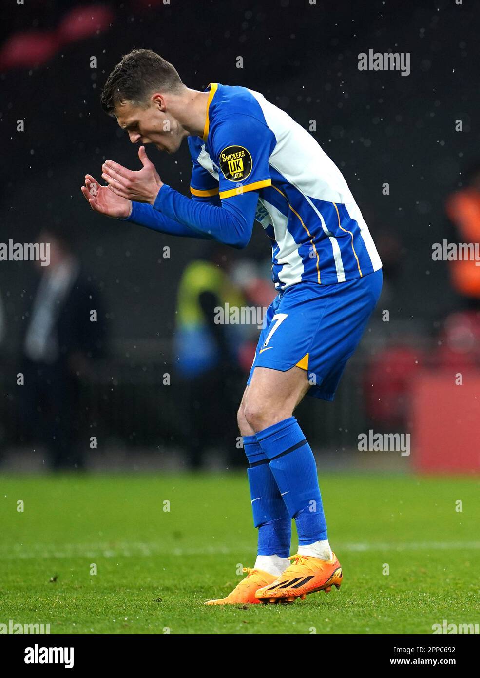 Brighton and Hove Albion's Solly March reacts after missing his penalty in the shoot-out during the Emirates FA Cup semi-final match at Wembley Stadium, London. Picture date: Sunday April 23, 2023. Stock Photo