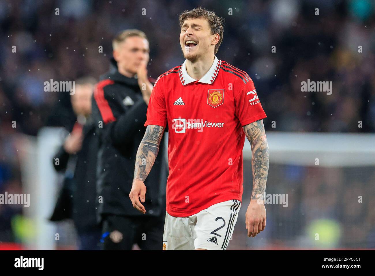 Victor Lindelof #2 of Manchester United celebrates his penalty to make it 6-7 and confirm Manchester United’s place in the final during the Emirates FA Cup Semi-Final match Brighton and Hove Albion vs Manchester United at Wembley Stadium, London, United Kingdom, 23rd April 2023.  (Photo by Conor Molloy/News Images) Stock Photo