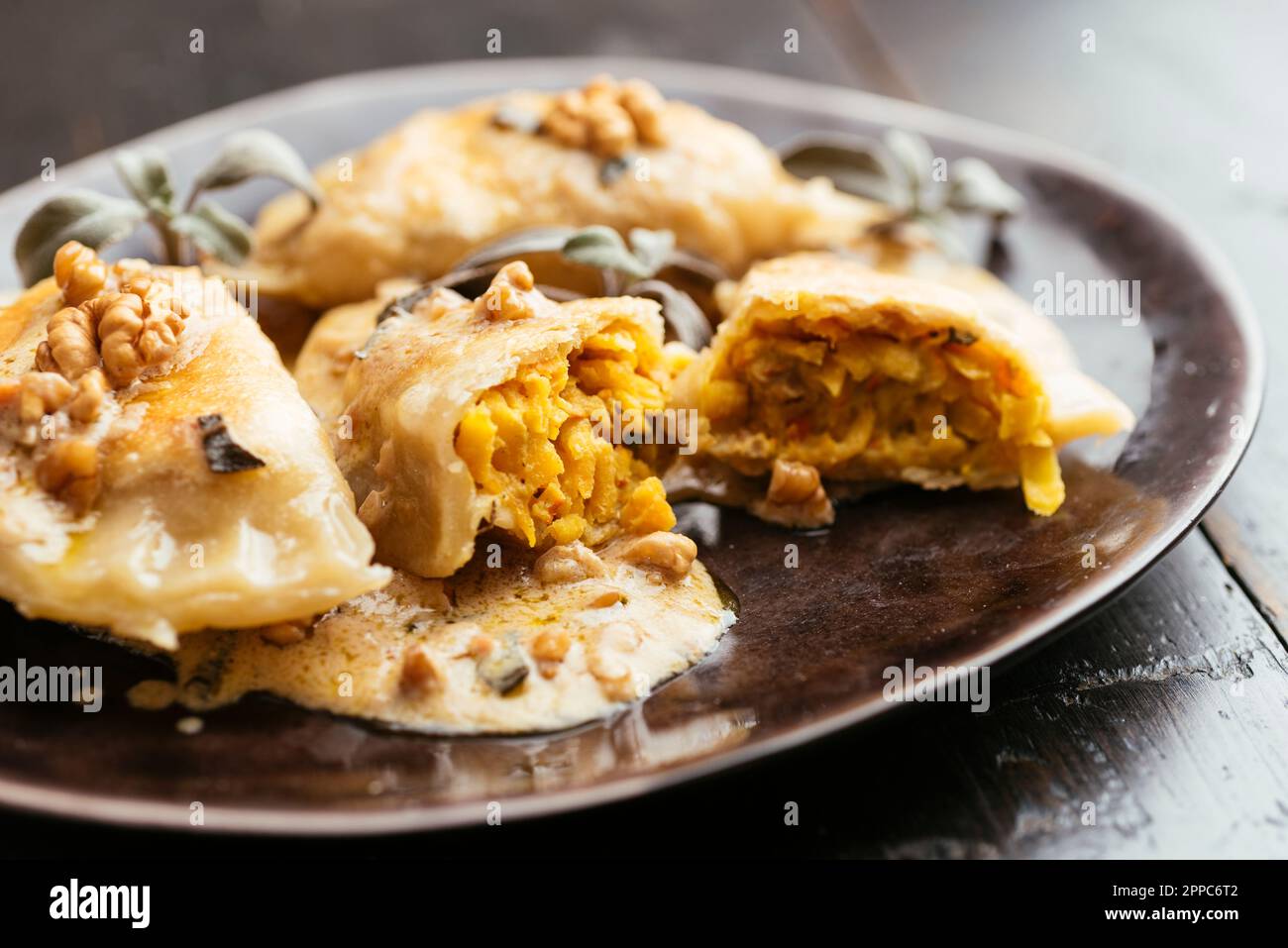 Winter Squash Pot-stickers with Creamy Walnut Sauce Stock Photo