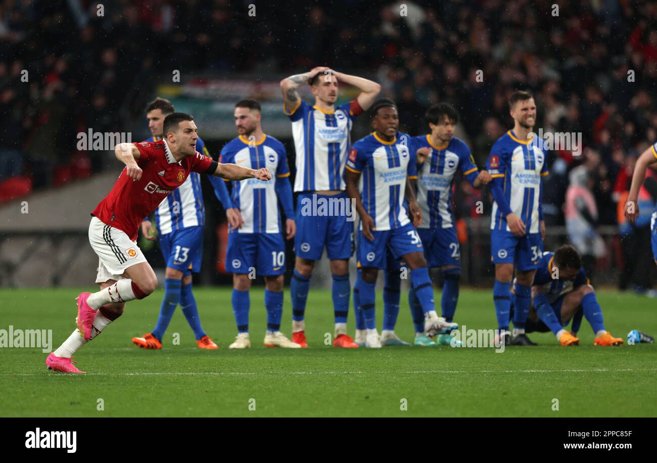 London, UK. 23rd Apr, 2023. Diogo Dalot (MU) celebrates as Man Utd win