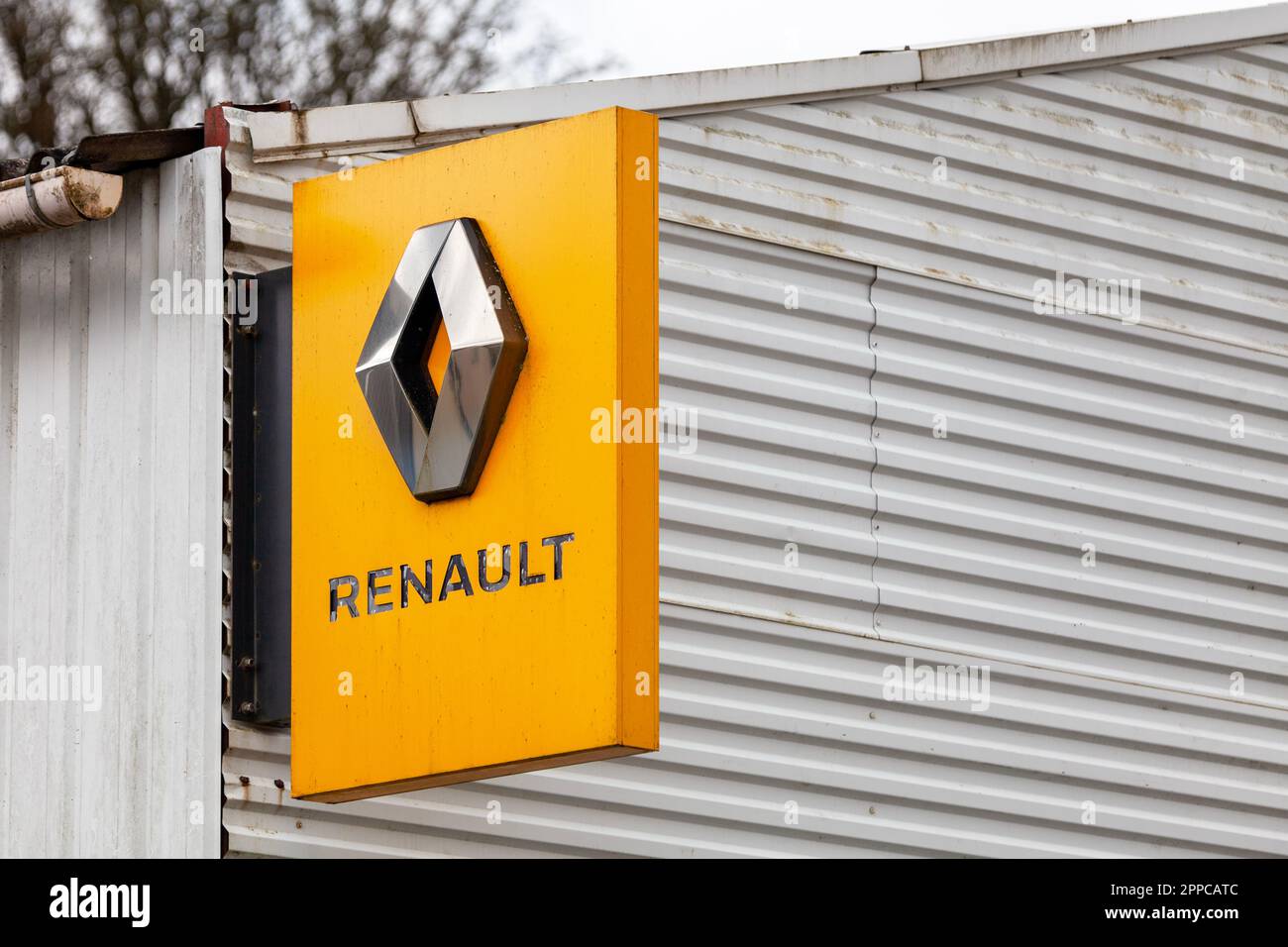 Huelgoat, France - April, 20 2023: Sign of Renault, a French multinational automobile manufacturer established in 1899. Stock Photo