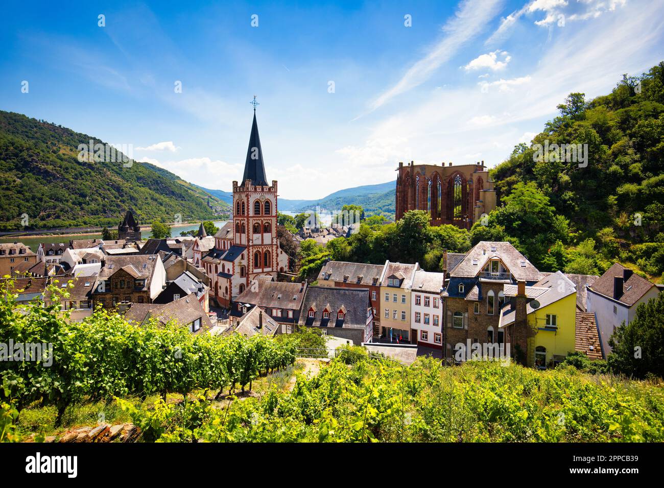 Bacharach panoramic view. Bacharach is a small town in Rhine valley in Rhineland-Palatinate, Germany. Bacharach is a small town in Rhine valley in Rhi Stock Photo