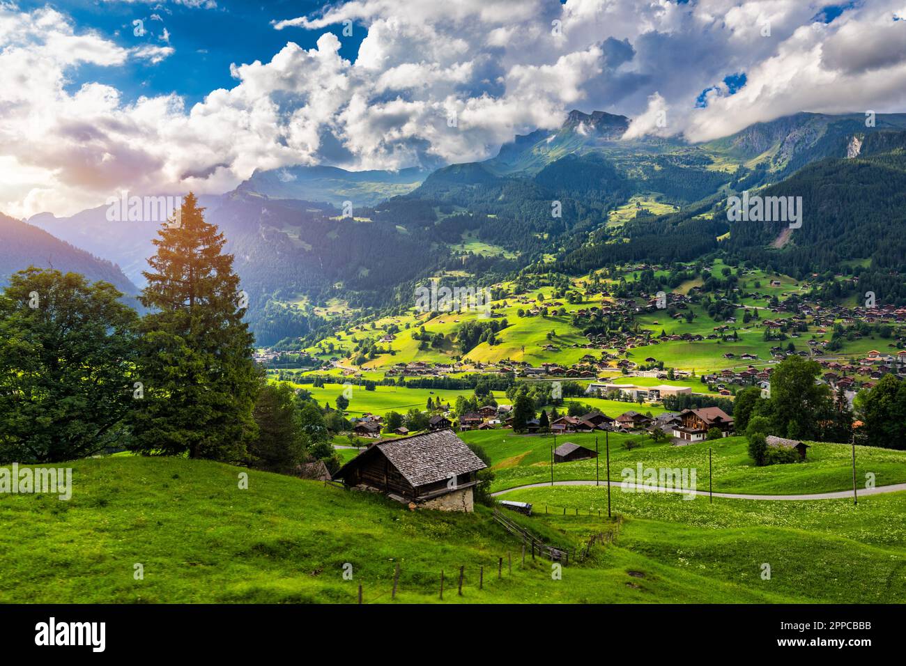Grindelwald village view and summer Swiss Alps mountains panorama