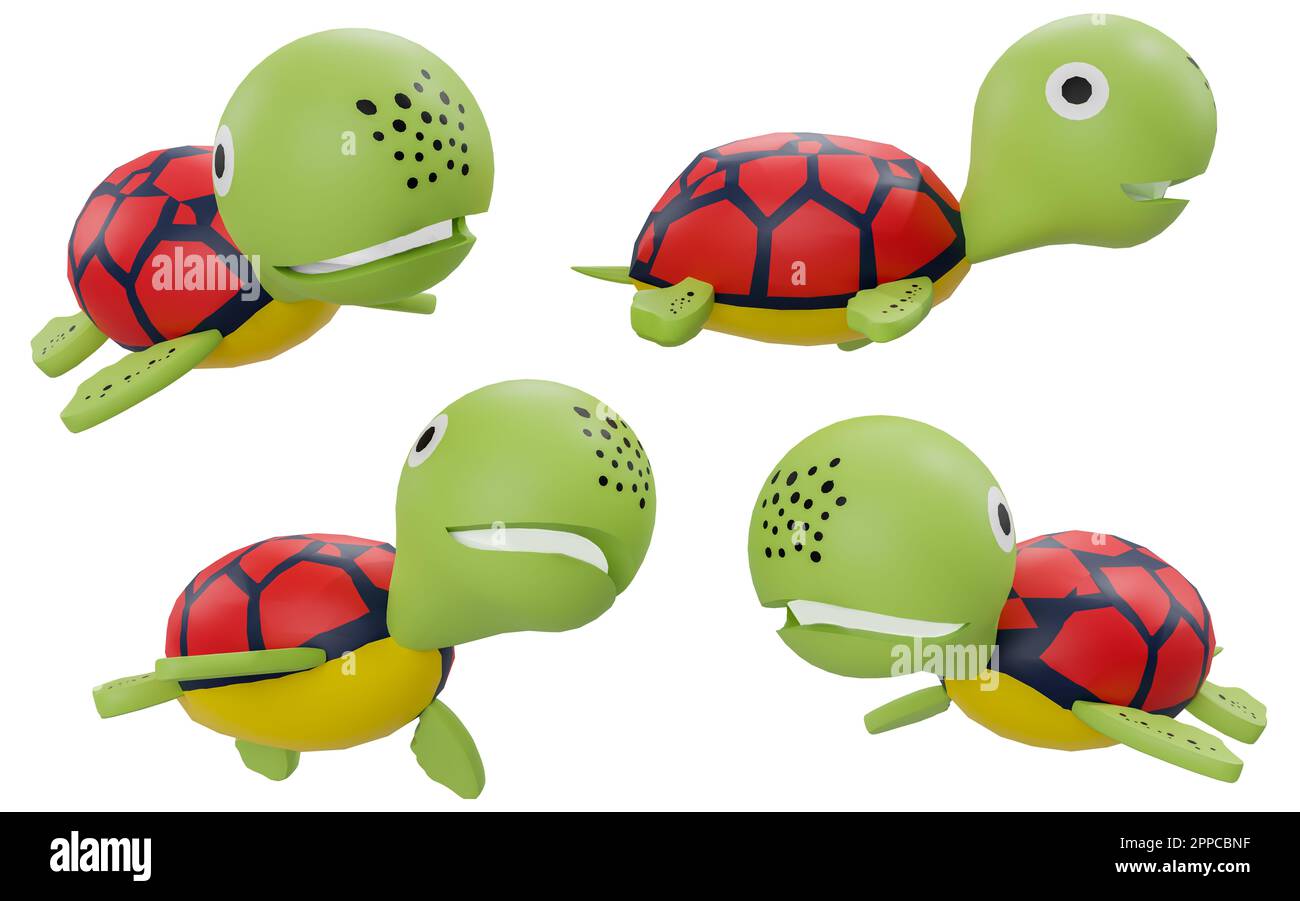 Cartoon turtle different angles isolated on white background high quality details - 3d rendering Stock Photo