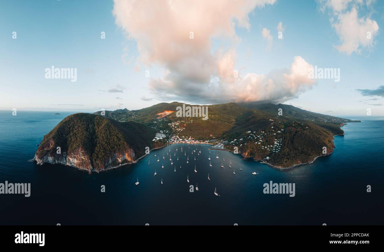 Aerial drone panorama of Lighthouse at Vieux-Fort, the southernmost point of Guadeloupe, Caribbean Sea Stock Photo