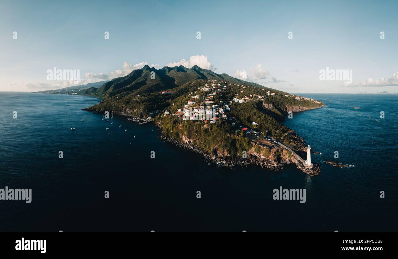 Aerial drone panorama of Lighthouse at Vieux-Fort, the southernmost point of Guadeloupe, Caribbean Sea Stock Photo