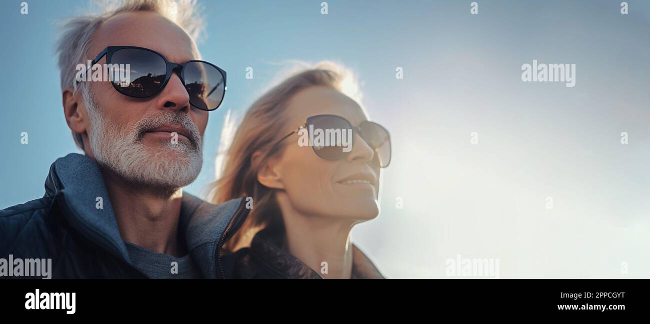 Portrait of couple of senior adult man and woman in sunglasses having fun together in friendship over blue sky. Sunglasses sale banner. summer Stock Photo