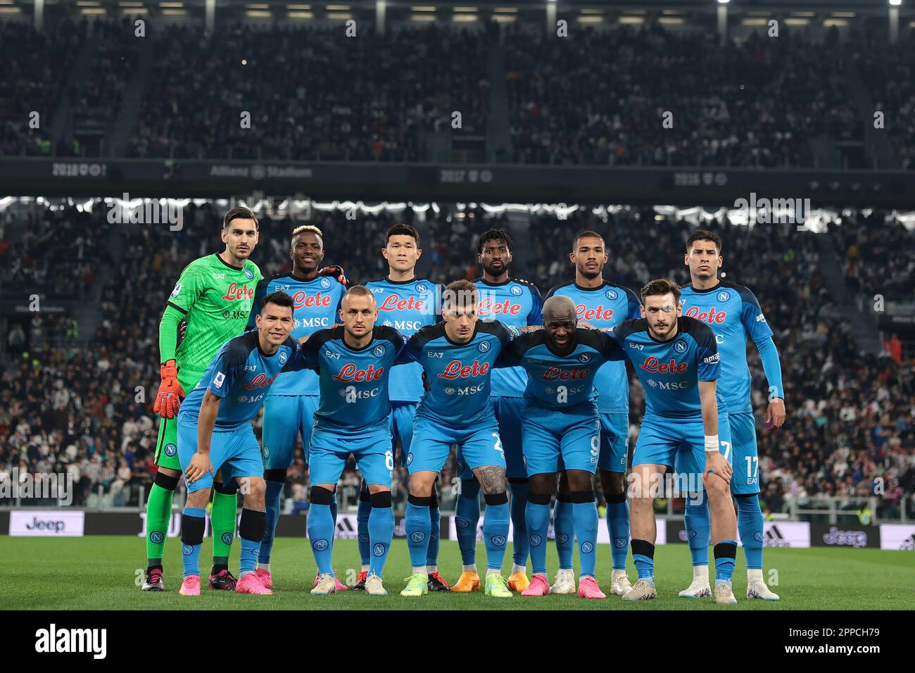 Turin, Italy, 23rd April 2023. The SSC Napoli starting eleven line up for a team photo prior to kick off, back row ( L to R ); Alex Meret, Victor Osimhen, Min-Jae Kim, Andre Anguissa, Juan Jesus and Mathias Olivera, front row ( L to R ); Hirving Lozano, Stanislav Lobotka, Giovanni Di Lorenzo, Tanguy Ndombele and Khvicha Kvaratskhelia, in the Serie A match at Allianz Stadium, Turin. Picture credit should read: Jonathan Moscrop / Sportimage Stock Photo