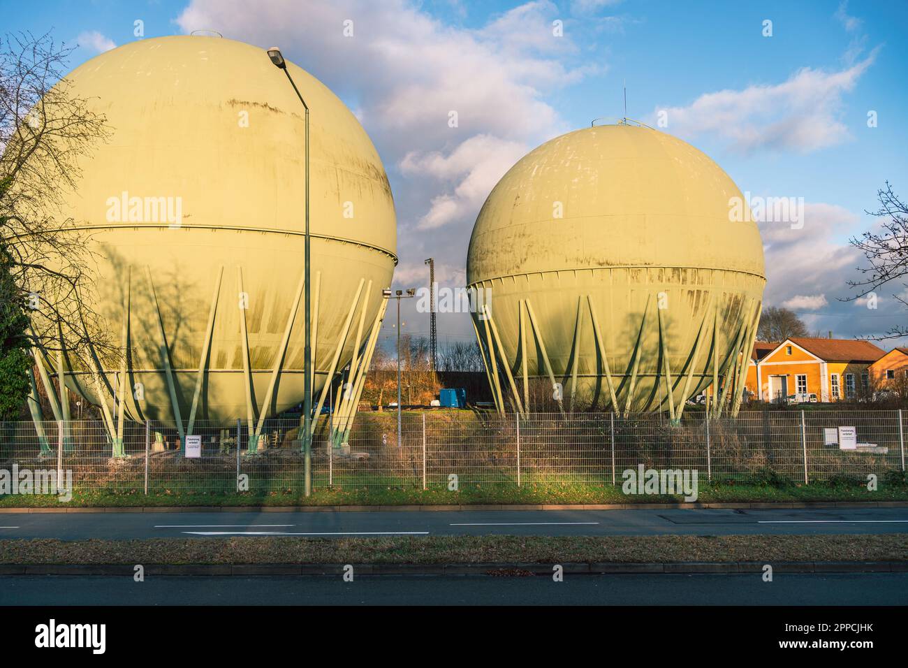 Two green spherical gas tanks. 20.000 cubic meter of natural gas stored