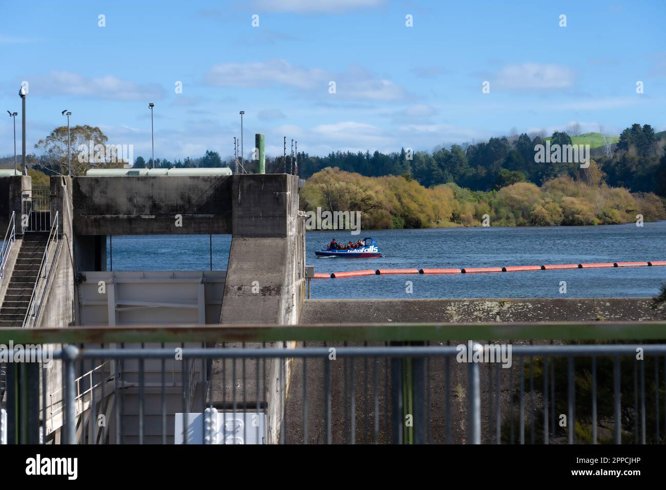 Taupo New Zealand April 15 2023; Huka Falls tourist jetboat on