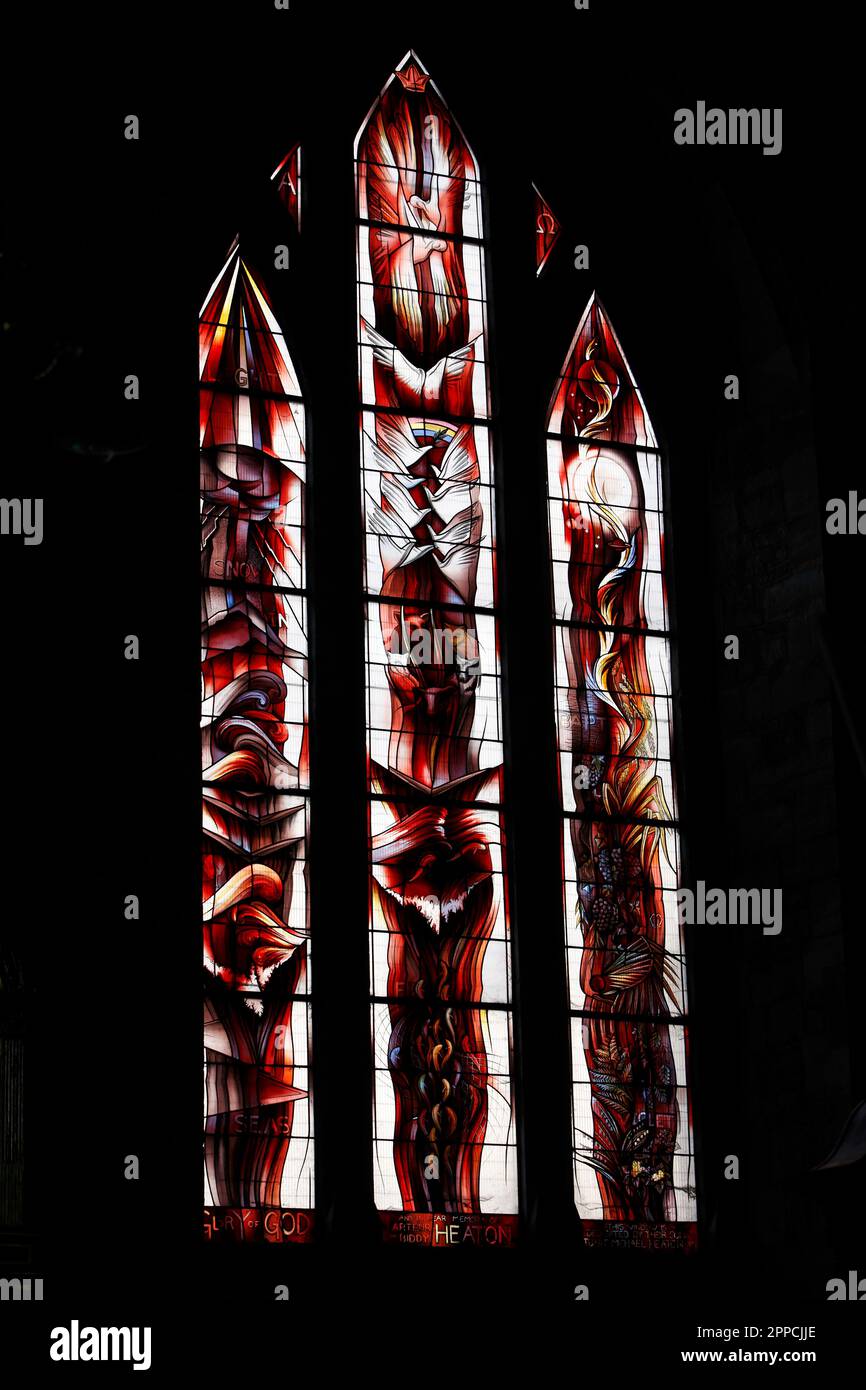 Heaton window by John Clark, 1991. Benedicite, In All Angels church, Ledbuyry, UK. Stock Photo