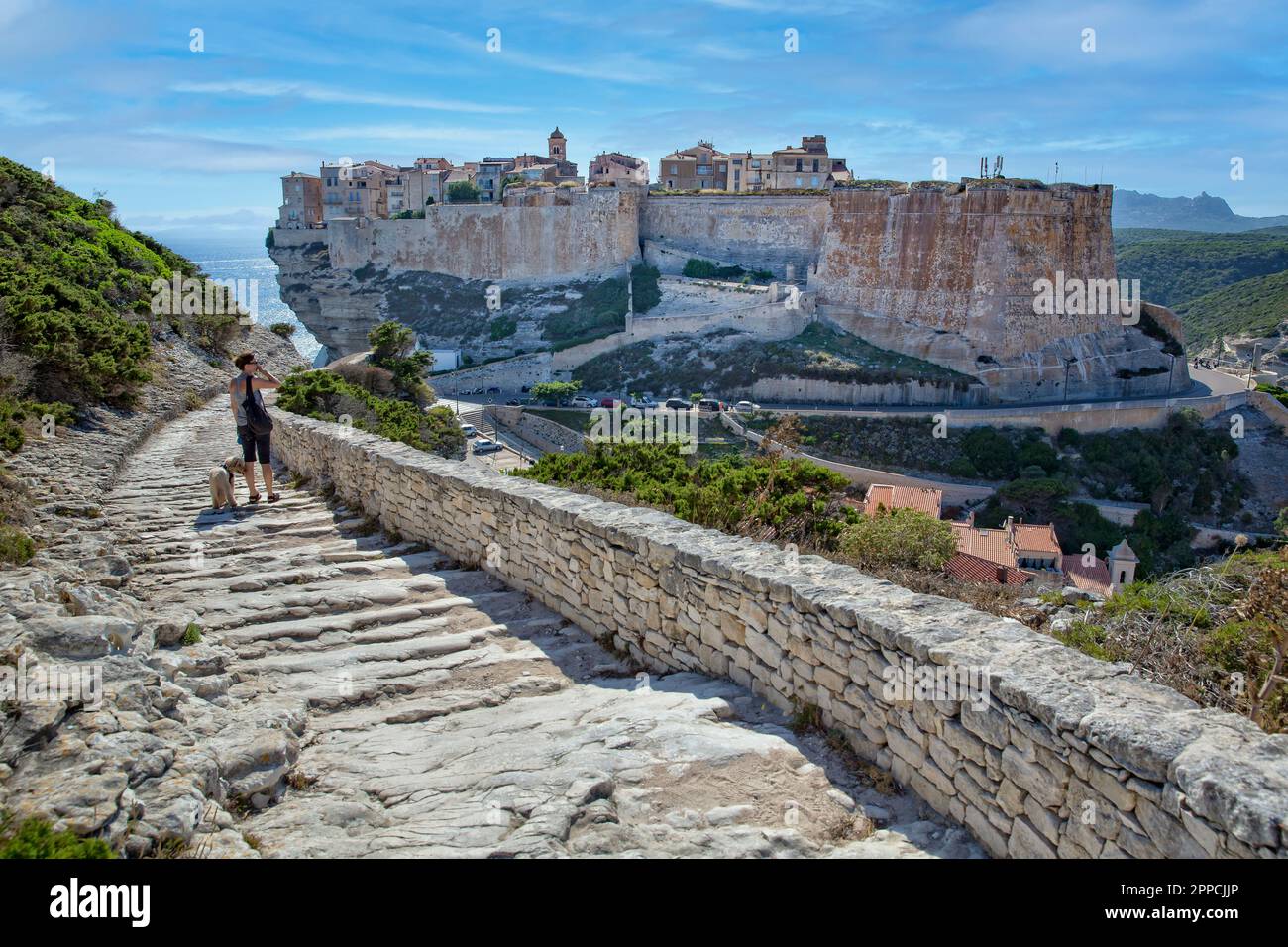 Bonifacio at the edge of the chalk cliff. Women with little dog looks on the old town and the fortress of Bonifacio, Corsica island, France Stock Photo