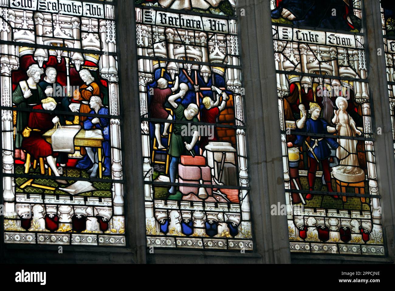 Gloucester cathedral stained glass windows showing the trades and