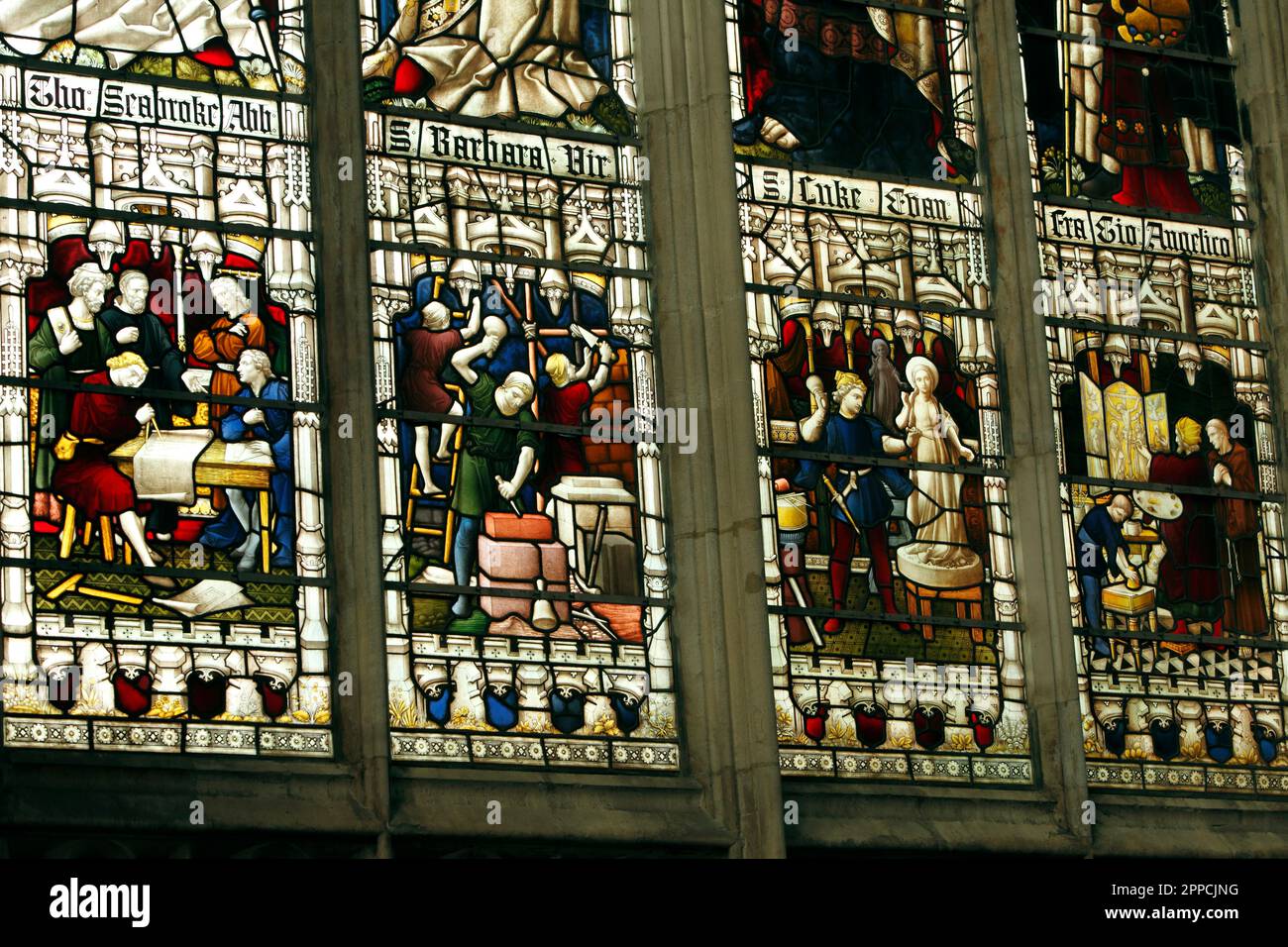 Gloucester cathedral stained glass windows showing the trades and