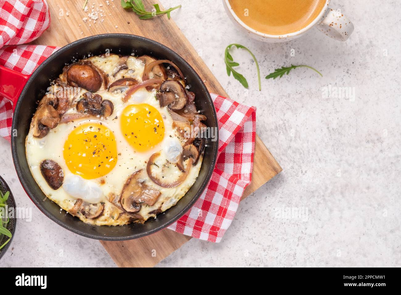 Fried egg, mushrooms and red onion Stock Photo - Alamy