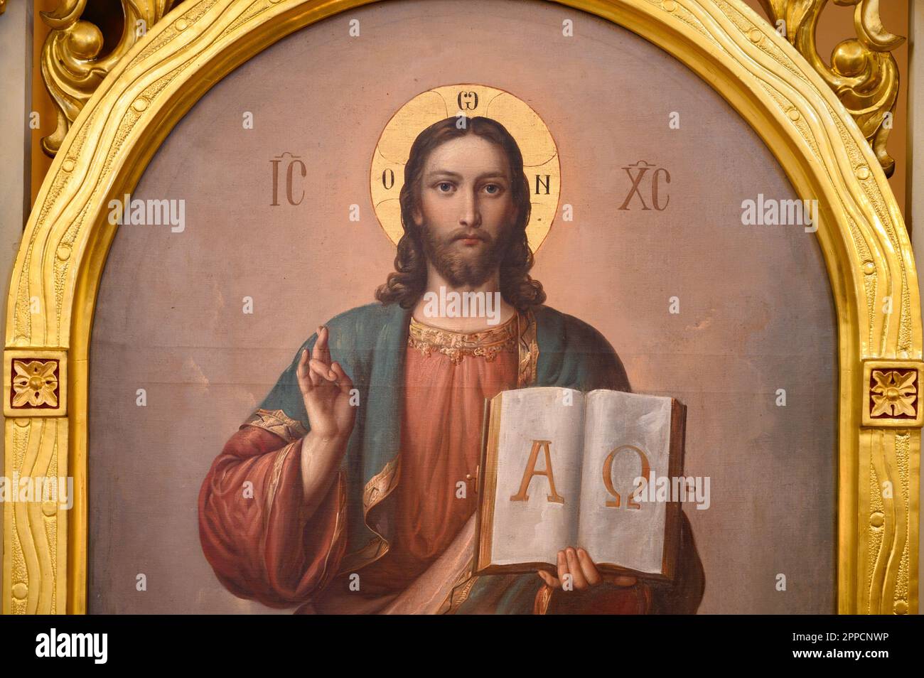 Icon of Jesus Christ the ruler of the world 'Pantocrator'. The Greek-Catholic Church of the Dormition of the Mother of God in Čemerné, Slovakia. Stock Photo