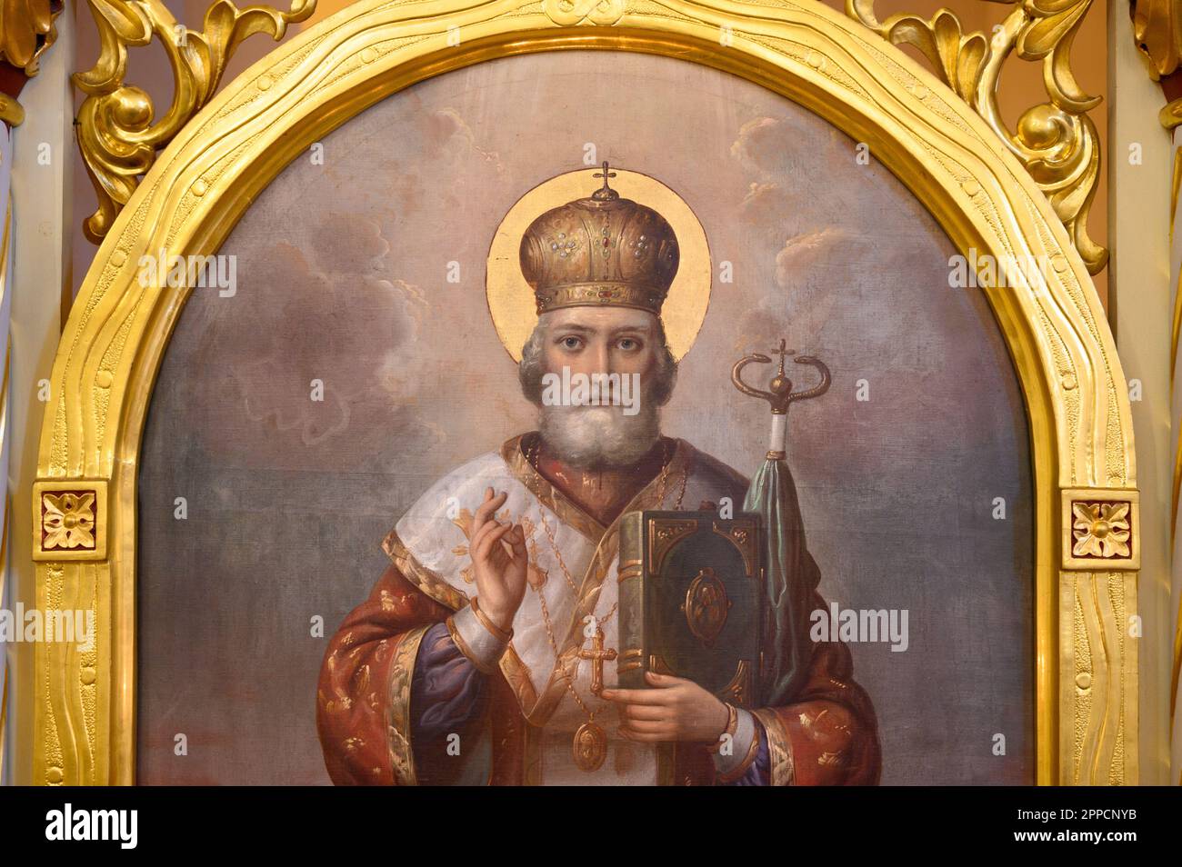 An Icon of Saint Nicholas of Myra (also known as Nicholas of Bari or Nicholas the Wonderworker). Stock Photo