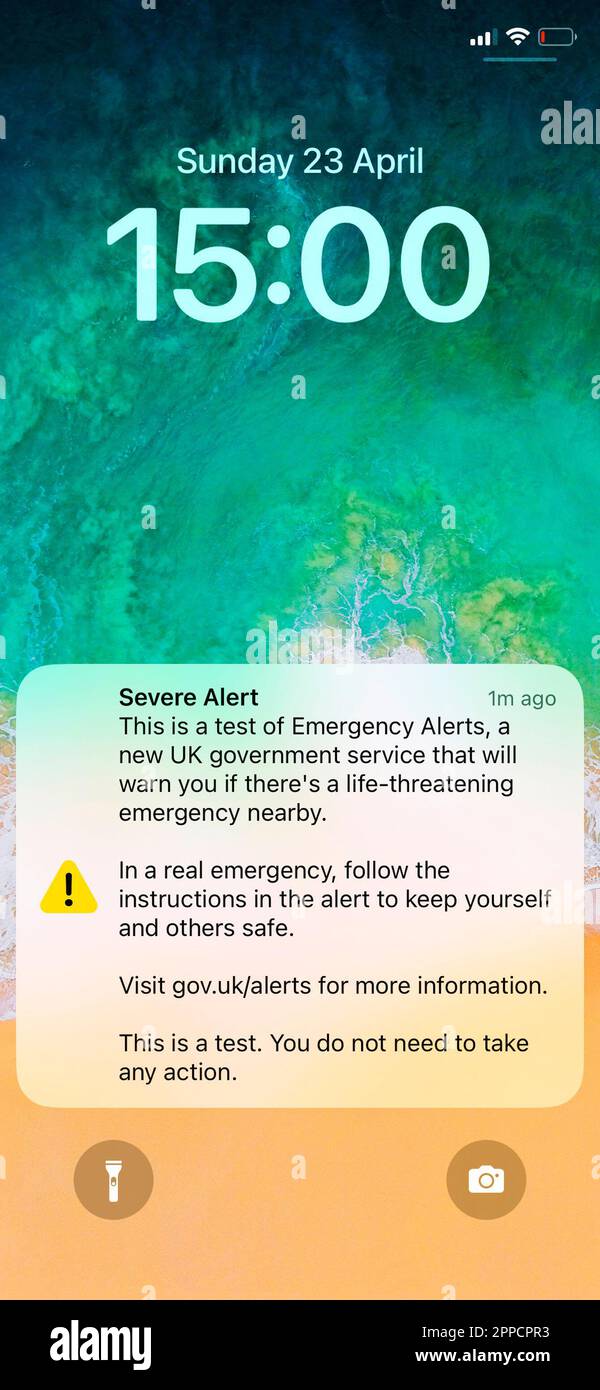 England, U.K. 23rd April 2023. The U.K. Government tested the Emergency Alert Service for the first time at 15:00 hours BST. Emergency Alerts is a service that will warn the mobile phone user if there is a danger to life nearby. Stock Photo