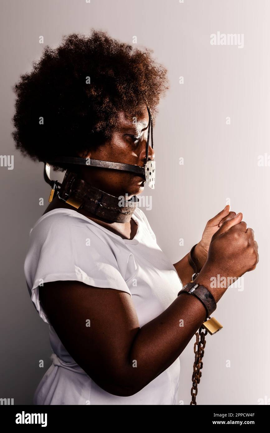 Portrait Black Woman Chains Iron Mask Stock Photo 2295020199