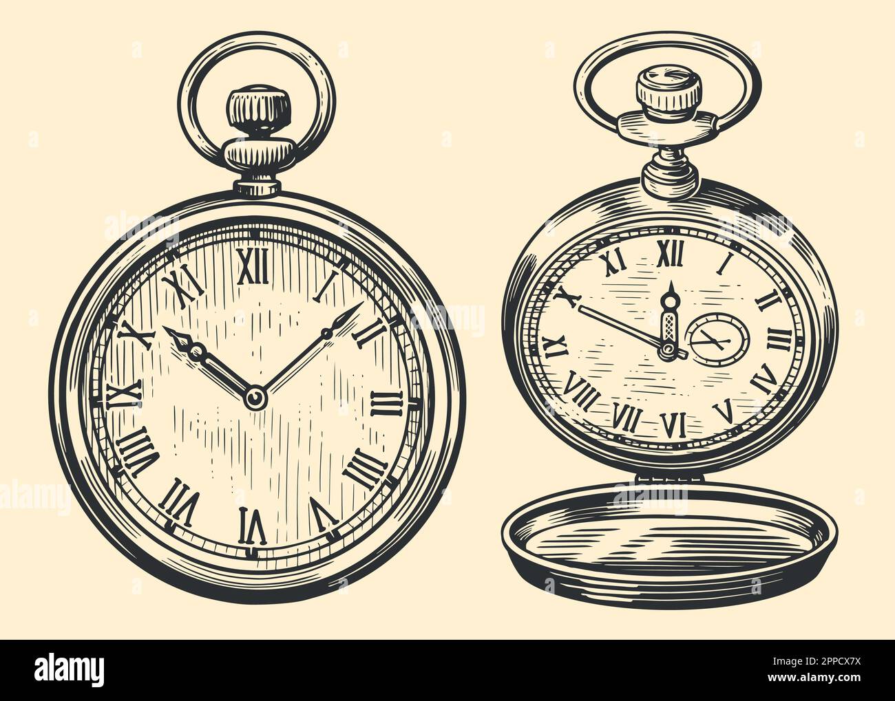 Antique pocket watch, retro clock. Time concept. Vector vintage