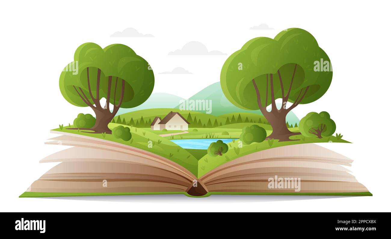 Summer forest landscape on paper pages of open book vector illustration. Cartoon magic spring nature with trees and mountains, water of lake and cute Stock Vector
