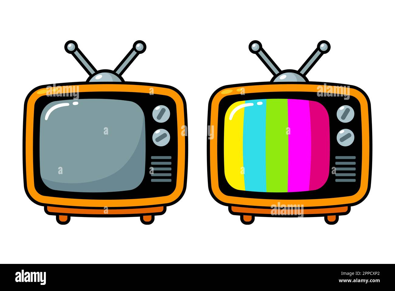 Vintage television set in cute cartoon style. No signal, colored stripes (TV test pattern). Vector clip art illustration. Stock Vector